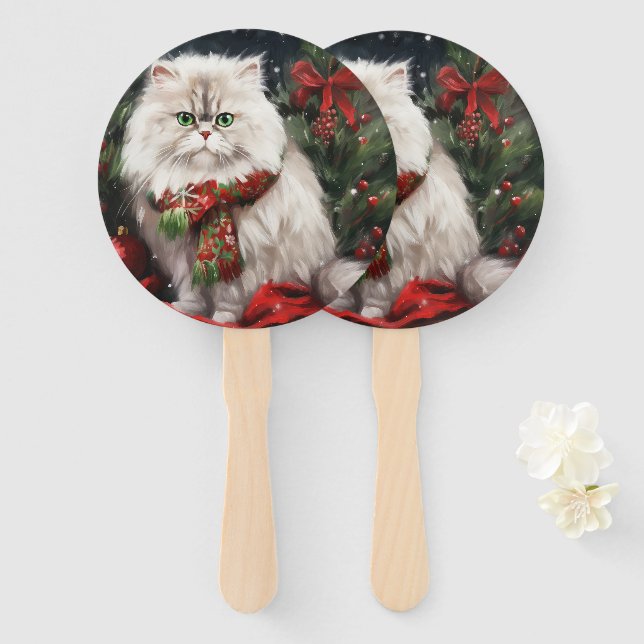Éventail Chat perse en Noël de neige (Devant et derrière)