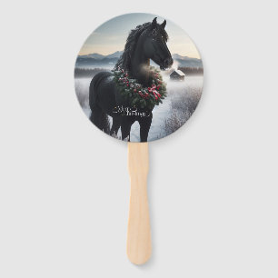 Éventail Cheval noir dans la neige avec couronne de Noël