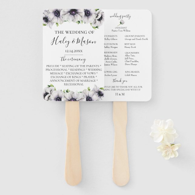 Éventail Chic Anemone Floral Wedding Programme Hand Fan (Devant et derrière)