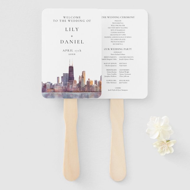 Éventail Chicago Skyline Watercolor Wedding Program (Devant et derrière)