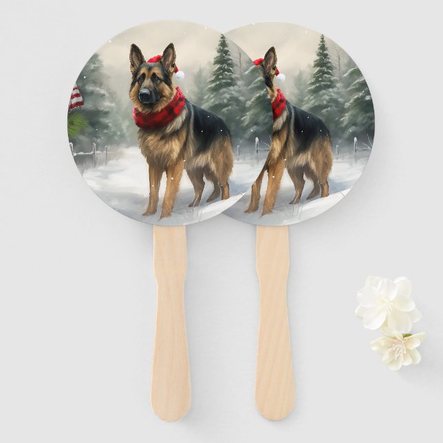 Éventail Chien berger allemand en Noël de neige (Devant et derrière)