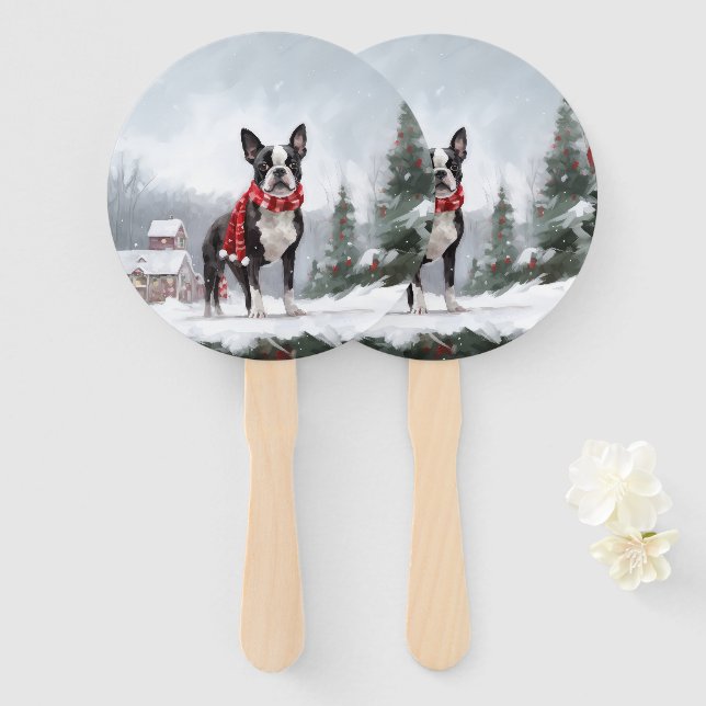 Éventail Chien de Boston Terrier pendant Noël de neige (Devant et derrière)