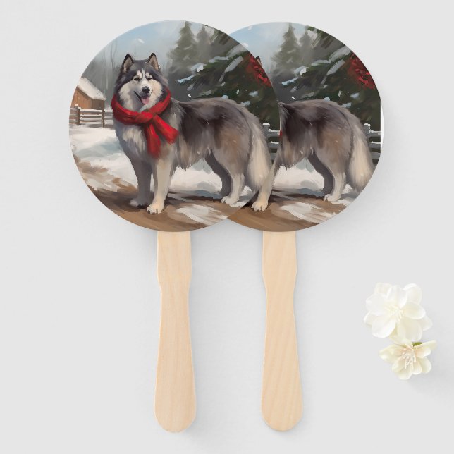 Éventail Chien malamué de l'Alaska en Noël de neige (Devant et derrière)