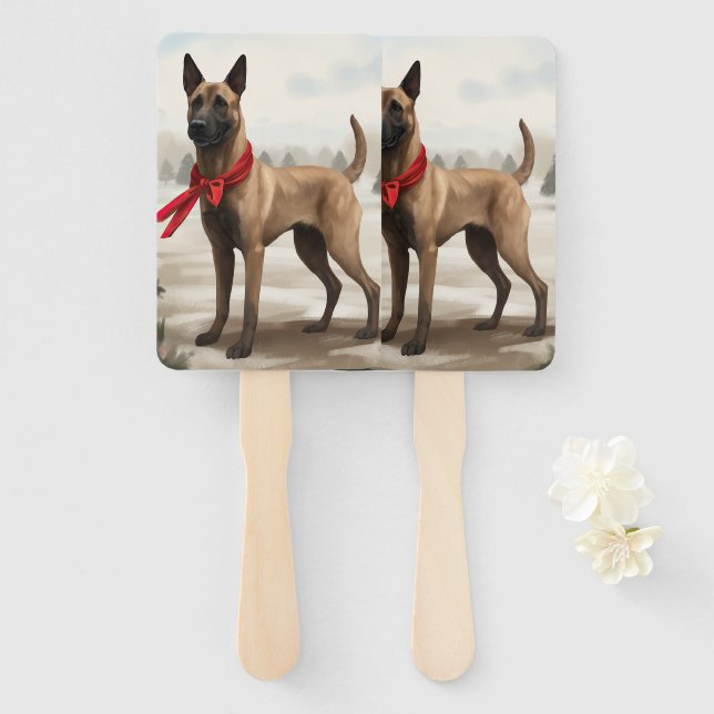 Éventail Chien malinois belge à Noël de neige (Devant et derrière)