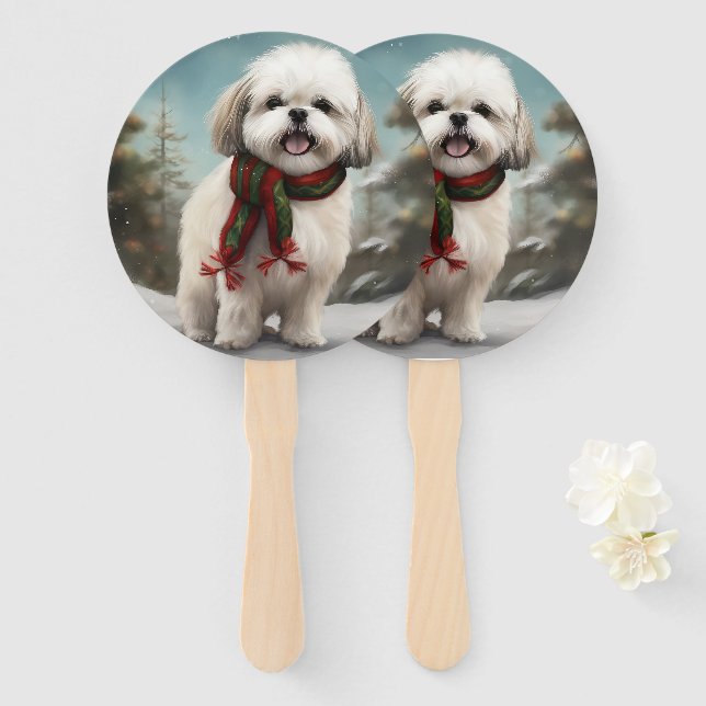 Éventail Chien Malti Tzu à Noël de neige (Devant et derrière)
