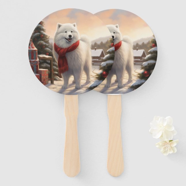 Éventail Chien Samoyé à Noël de neige (Devant et derrière)