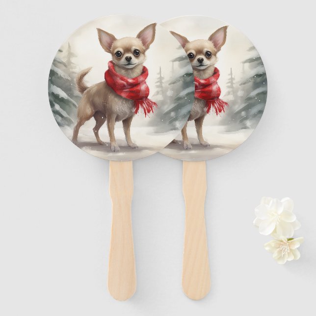 Éventail Chihuahua Chien dans Noël de neige (Devant et derrière)