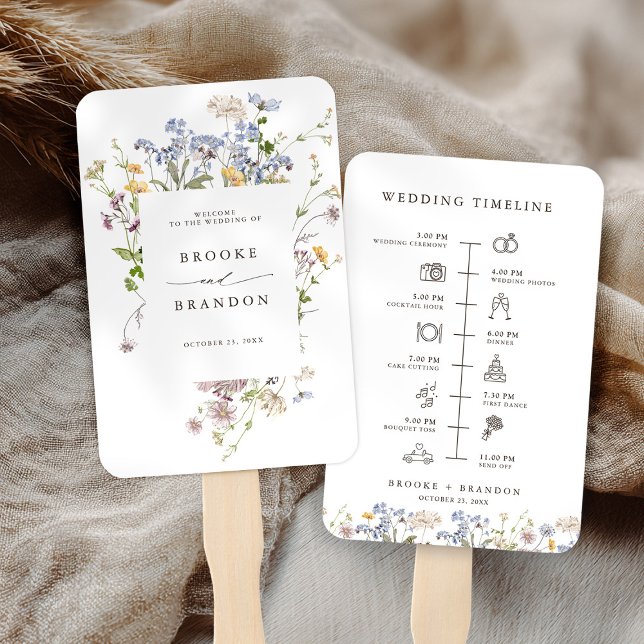 Éventail Chronologie du mariage du Fleur sauvage de printem (Colorful Spring Wildflower Meadow wedding Timeline Hand Fan)