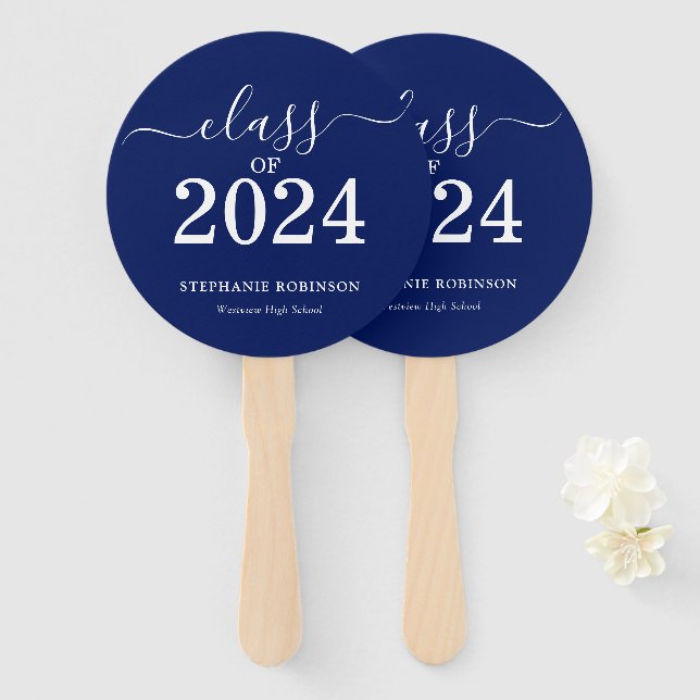 Éventail Classe de 2024 Marine Blue Graduation (Devant et derrière)