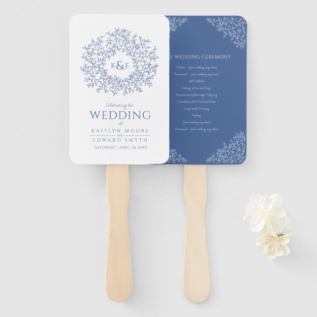 Éventail Classic bleu feuille cycle programme de mariage (Devant et derrière)