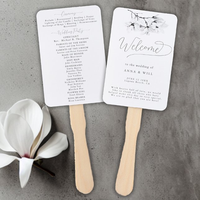 Éventail Classic Magnolia Black White Art Wedding Programme (Magnolia Wedding Program Hand Fan Black and White Art Elegant Modern Classic)