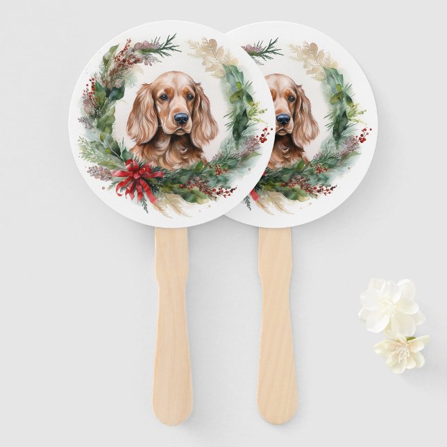 Éventail Cocker Spaniel Noël Wreath Festive Pup (Devant et derrière)