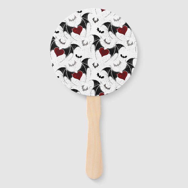 Éventail Coeur d'Halloween avec ailes de chauve-souris noir (Devant)