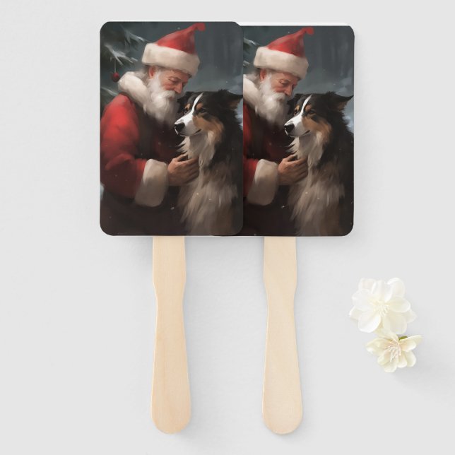 Éventail Collie frontalier avec Noël Festif du Père Noël (Devant et derrière)
