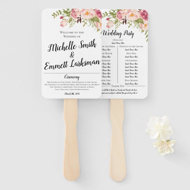 Éventail Commande de cérémonie de Mariage de script Floral  (Devant et derrière)