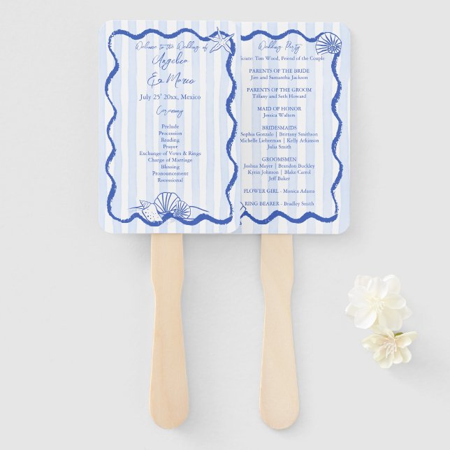 Éventail Coquillages bleu ondulé bordé programme de mariage (Devant et derrière)