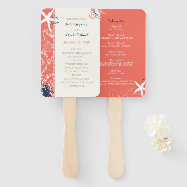 Éventail Coral & Marine Nautical Beach Wedding Programme (Devant et derrière)