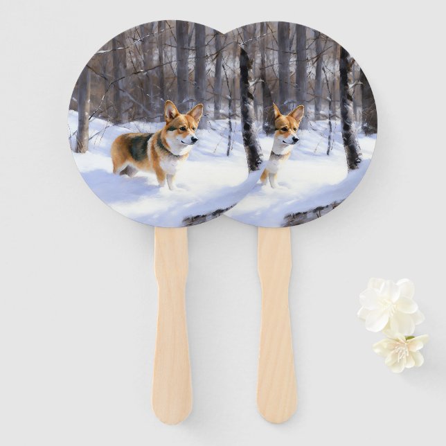 Éventail Corgi laisse neiger Noël (Devant et derrière)