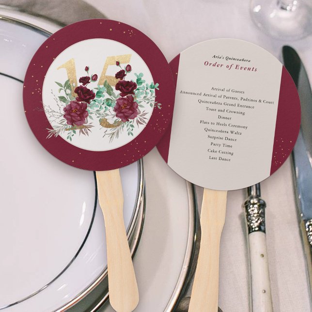 Éventail Corroses rousses de Bourgogne Quinceanera Ordre de (Quinceanera Program Hand Fans with Order of Events and Gold number 15 and floral arrangement)