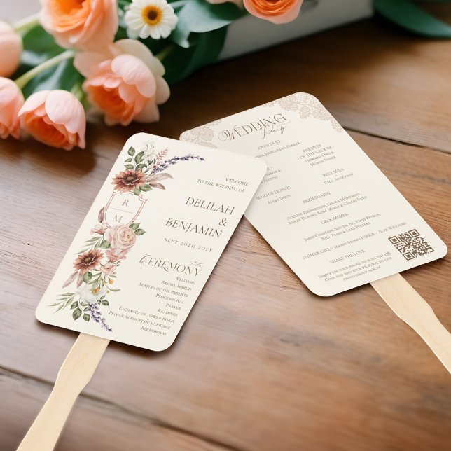 Éventail Country Western Boho Floral Wedding Day Program (Country Western Boho Floral Wedding Day Program Hand Fan (Front & Back))