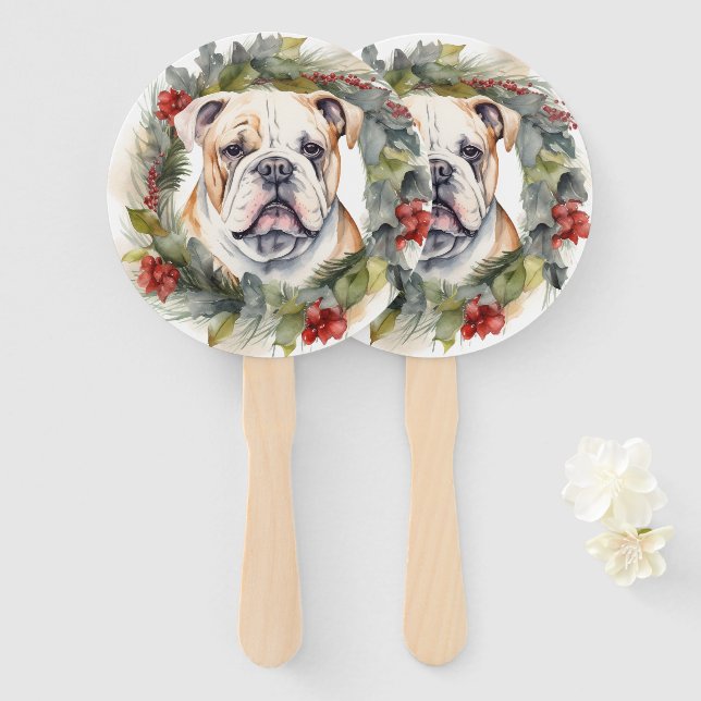 Éventail Couronne de Noël Bulldog Chien de fête (Devant et derrière)