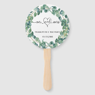 Éventail couronne d'eucalyptus mariage m. noms de coeur