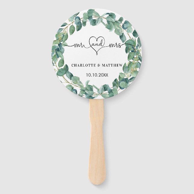 Éventail couronne d'eucalyptus mariage m. noms de coeur (Devant)