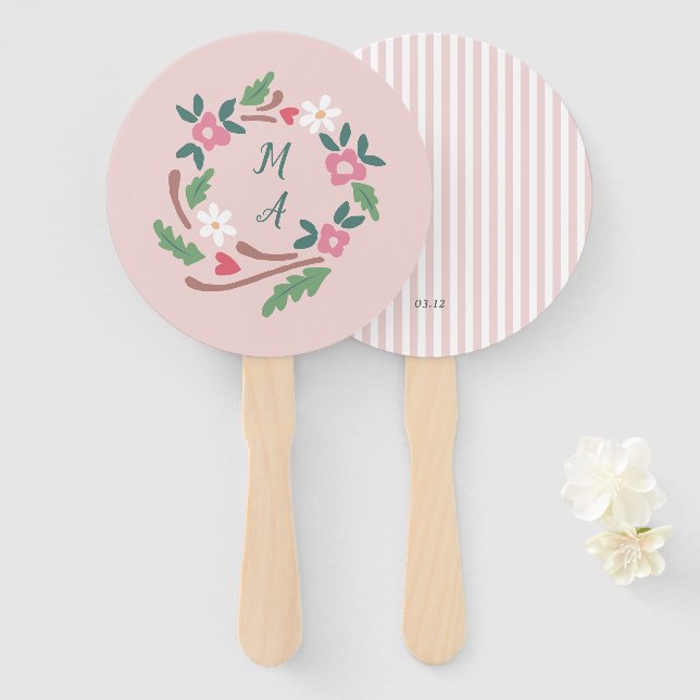 Éventail Crête florale rustique avec Monogramme (Devant et derrière)