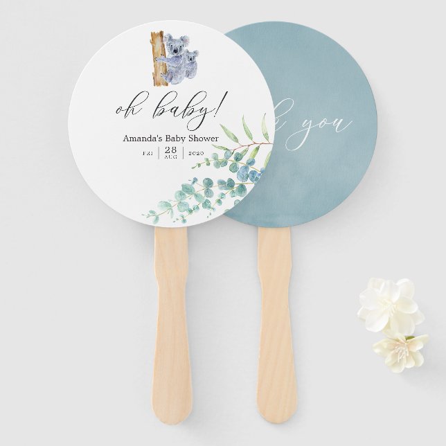 Éventail Cute Koala Oear Eucalyptus Baby shower Feuille (Devant et derrière)