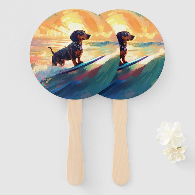 Éventail Dachshund Beach Surf Peinture (Devant et derrière)