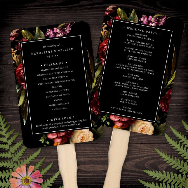 Éventail Dark + Moody Elegant Floral Black Wedding Programm (Créateur téléchargé)