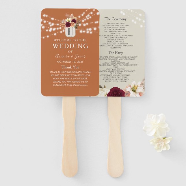 Éventail de main pour programme de mariage orange  (Devant et derrière)