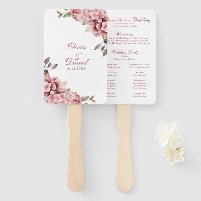 Éventail de programme de mariage aux hortensias ro (Devant et derrière)