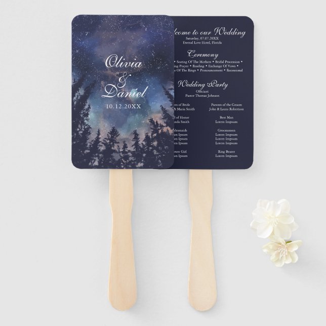 Éventail de programme de mariage céleste de la for (Devant et derrière)