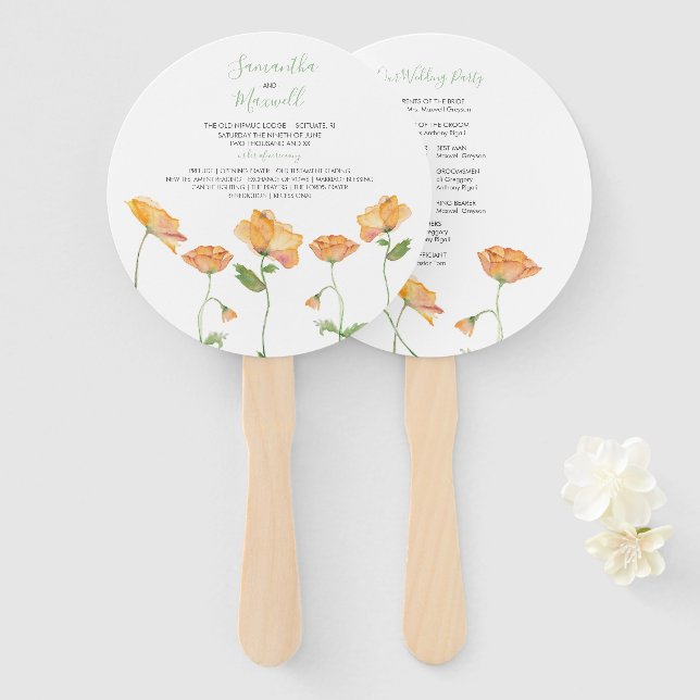 Éventail de programme de mariage floral orange (Devant et derrière)