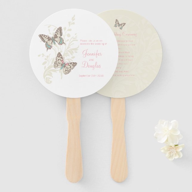 Éventail Deux fans de programme de mariage de papillons à e (Devant et derrière)