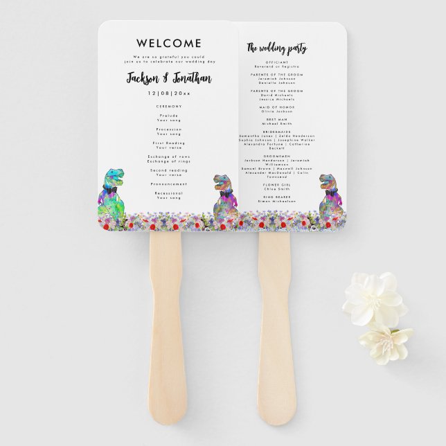 Éventail Dinosaur 2 Grooms Gay Wedding Day Program (Devant et derrière)