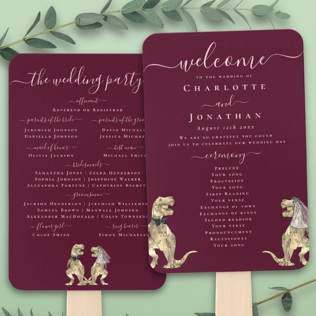 Éventail Dinosaur Wedding Ceremony Burgundy Wine Blush Pink (T-Rex bride and groom dinosaur burgundy wine blush pink wedding ceremony program fans Elegant script)