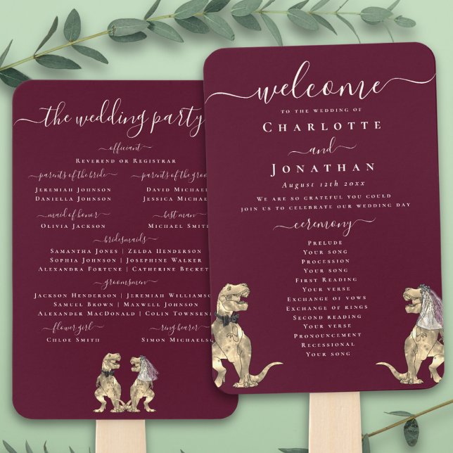 Éventail Dinosaur Wedding Ceremony Burgundy Wine Cream (T-Rex bride and groom dinosaur burgundy wine cream wedding ceremony program fans Elegant script)
