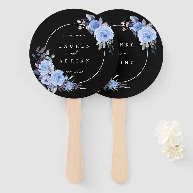 Éventail Dusty Blue & Black Floral Mariage Merci (Devant et derrière)