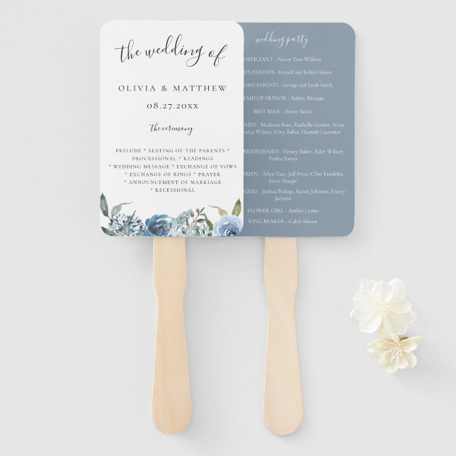 Éventail Dusty Blue Botanical Wedding Programme Fan à main (Devant et derrière)