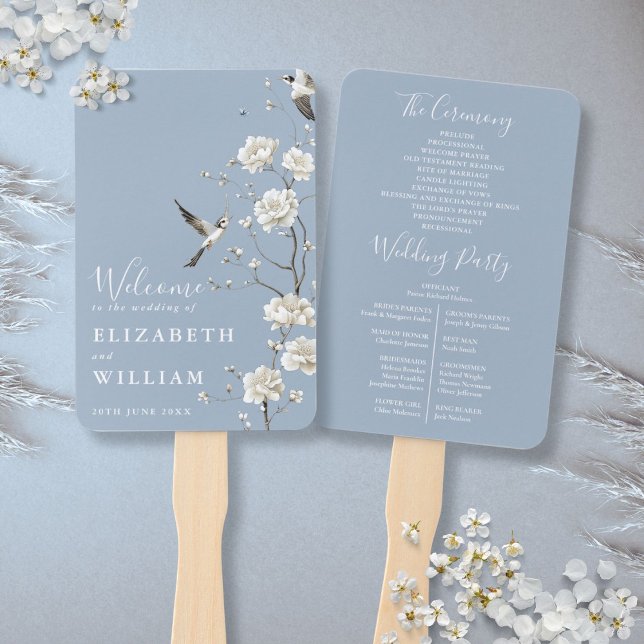 Éventail Dusty Blue Chinoiserie Floral Wedding Programme (Dusty Blue Chinoiserie Floral Wedding Program Hand Fan)