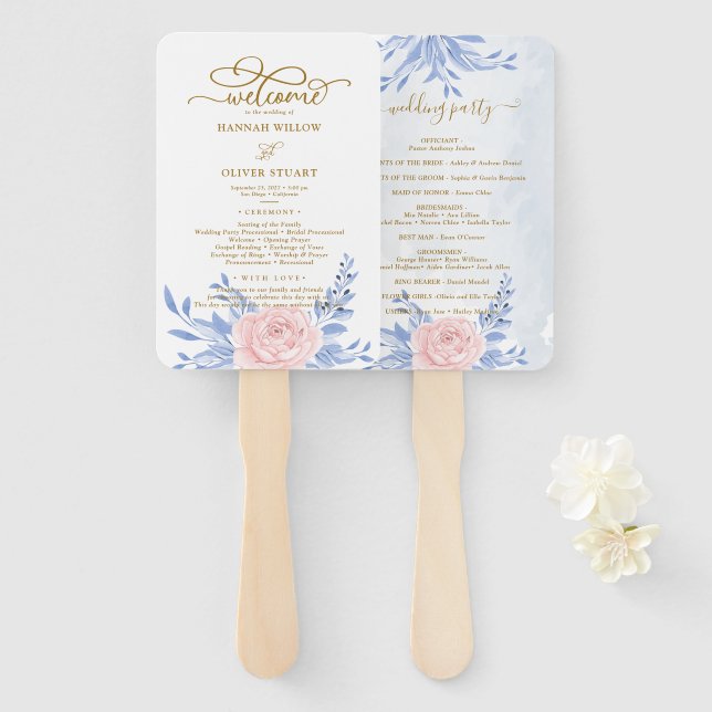 Éventail Dusty Blue Élégant Rose Floral programmes de maria (Devant et derrière)