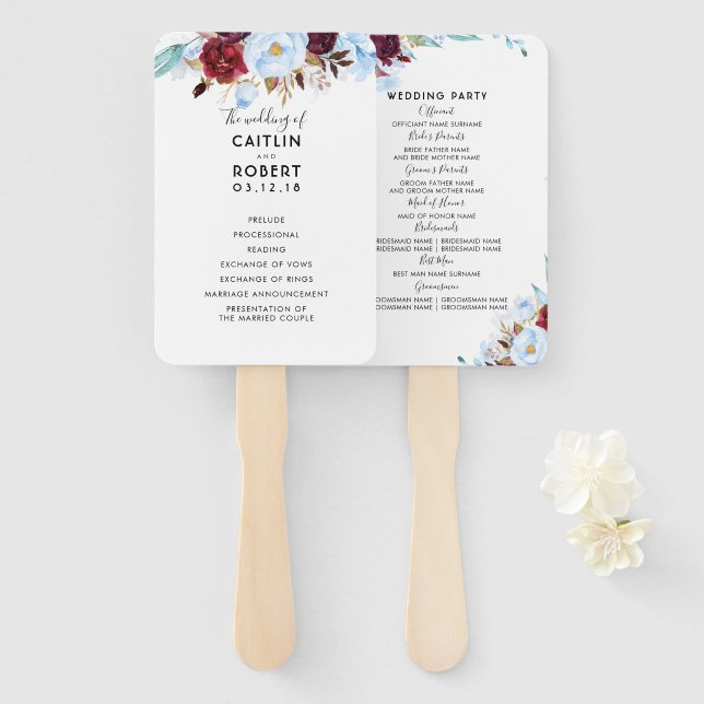 Éventail Dusty Blue et Bourgogne Floral Wedding Programme (Devant et derrière)