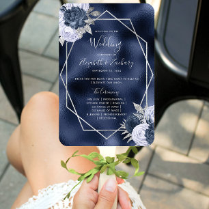 Éventail Dusty Blue Floral Silver Navy Programme de mariage