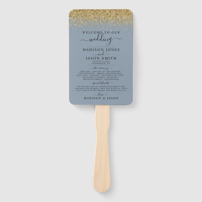 Éventail Dusty Blue & Gold Parties scintillant Wedding Prog (Devant)