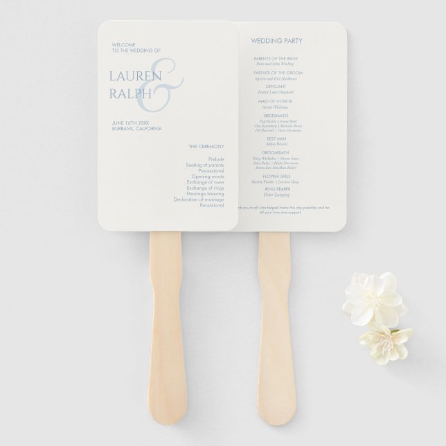 Éventail Dusty Blue & Ivory Monogram Programme de mariage (Devant et derrière)