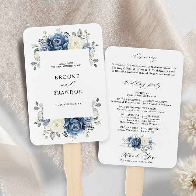 Éventail Dusty Blue Marine Champagne Ivory Programme Ventil (Dusty Blue Navy Champagne Ivory Wedding  Program Hand Fan)