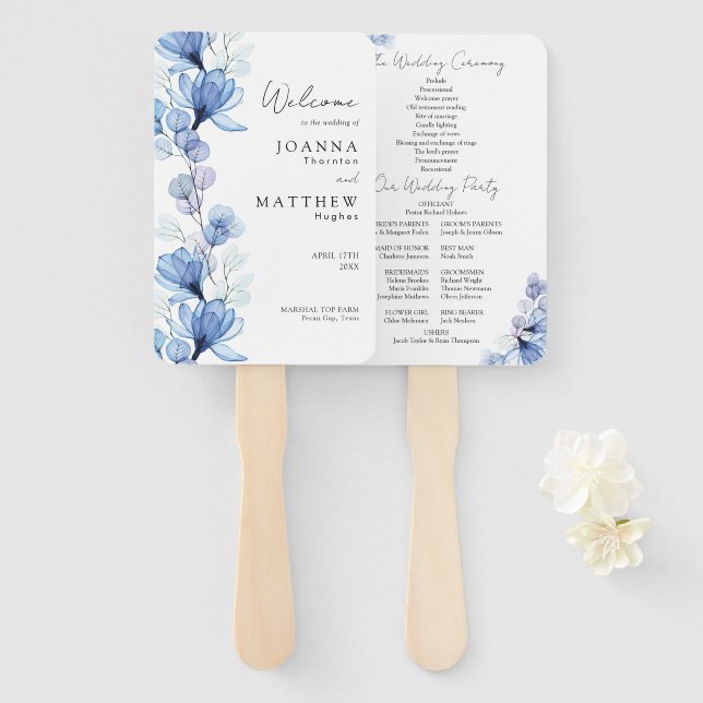 Éventail Dusty Blue Transparent Floral Wedding Programme (Devant et derrière)