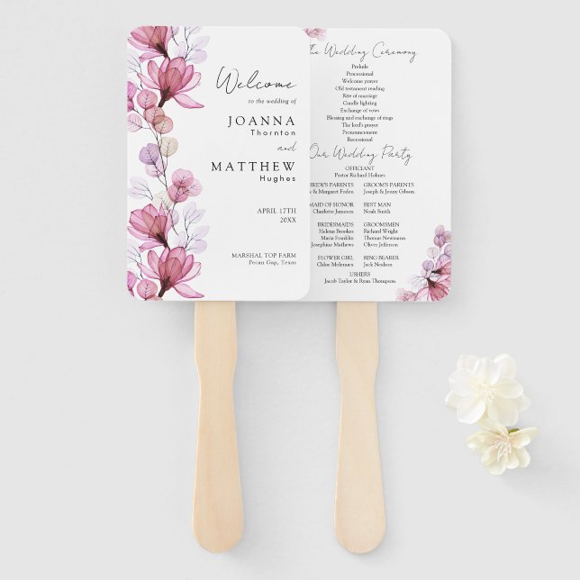 Éventail Dusty Rose Transparent Floral Wedding Programme (Devant et derrière)